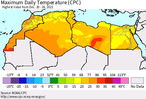 North Africa Maximum Daily Temperature (CPC) Thematic Map For 12/20/2021 - 12/26/2021