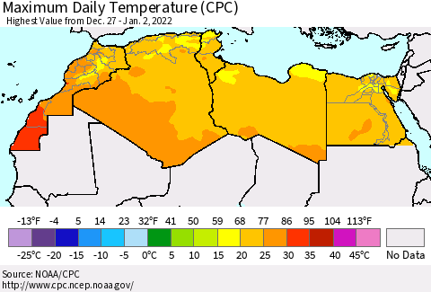 North Africa Maximum Daily Temperature (CPC) Thematic Map For 12/27/2021 - 1/2/2022