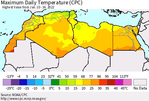 North Africa Maximum Daily Temperature (CPC) Thematic Map For 1/10/2022 - 1/16/2022