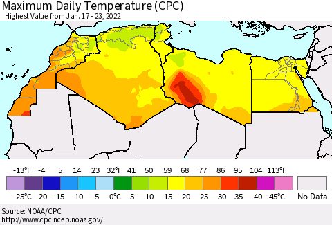 North Africa Maximum Daily Temperature (CPC) Thematic Map For 1/17/2022 - 1/23/2022
