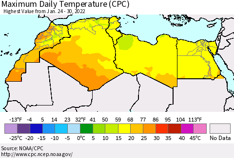 North Africa Maximum Daily Temperature (CPC) Thematic Map For 1/24/2022 - 1/30/2022