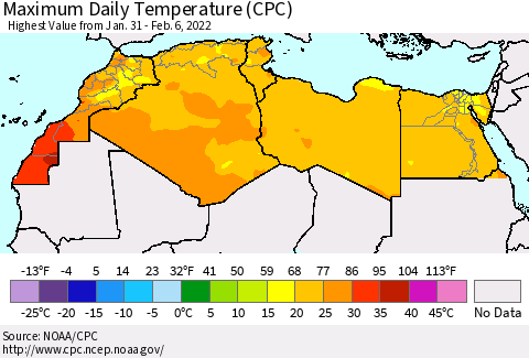 North Africa Maximum Daily Temperature (CPC) Thematic Map For 1/31/2022 - 2/6/2022