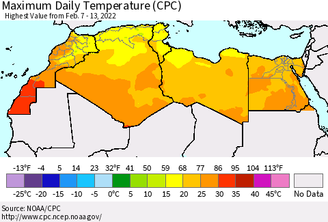 North Africa Maximum Daily Temperature (CPC) Thematic Map For 2/7/2022 - 2/13/2022