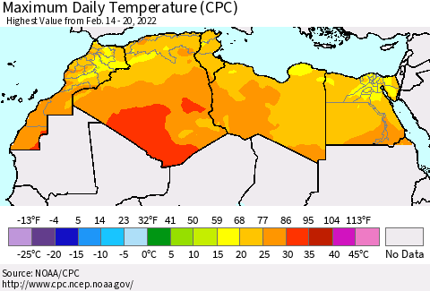 North Africa Maximum Daily Temperature (CPC) Thematic Map For 2/14/2022 - 2/20/2022