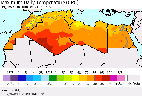 North Africa Maximum Daily Temperature (CPC) Thematic Map For 2/21/2022 - 2/27/2022