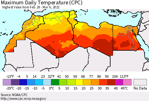 North Africa Maximum Daily Temperature (CPC) Thematic Map For 2/28/2022 - 3/6/2022