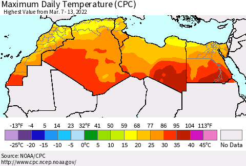 North Africa Maximum Daily Temperature (CPC) Thematic Map For 3/7/2022 - 3/13/2022