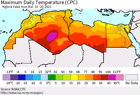 North Africa Maximum Daily Temperature (CPC) Thematic Map For 3/14/2022 - 3/20/2022