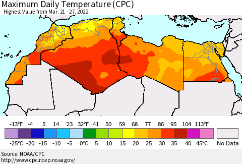 North Africa Maximum Daily Temperature (CPC) Thematic Map For 3/21/2022 - 3/27/2022