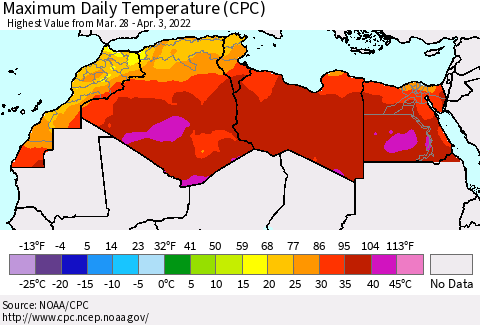 North Africa Maximum Daily Temperature (CPC) Thematic Map For 3/28/2022 - 4/3/2022