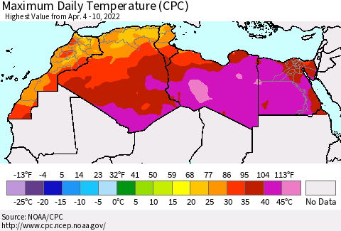 North Africa Maximum Daily Temperature (CPC) Thematic Map For 4/4/2022 - 4/10/2022
