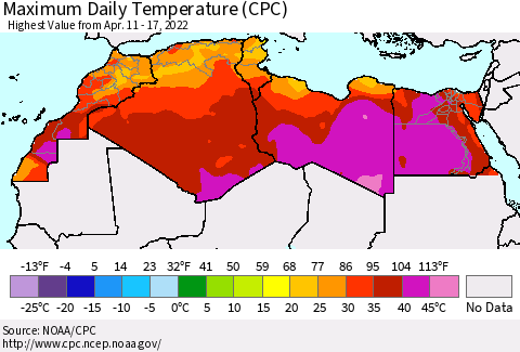 North Africa Maximum Daily Temperature (CPC) Thematic Map For 4/11/2022 - 4/17/2022