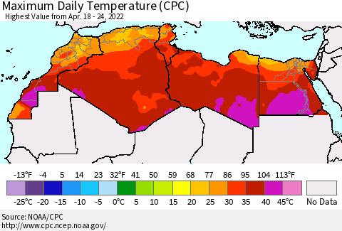 North Africa Maximum Daily Temperature (CPC) Thematic Map For 4/18/2022 - 4/24/2022