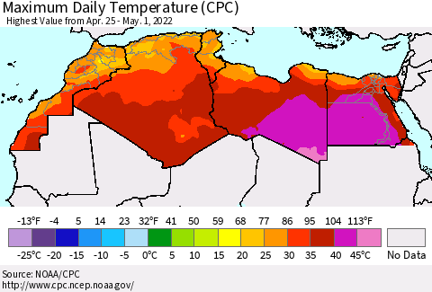 North Africa Maximum Daily Temperature (CPC) Thematic Map For 4/25/2022 - 5/1/2022