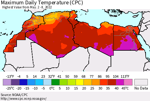 North Africa Maximum Daily Temperature (CPC) Thematic Map For 5/2/2022 - 5/8/2022