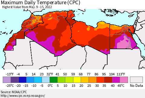 North Africa Maximum Daily Temperature (CPC) Thematic Map For 5/9/2022 - 5/15/2022