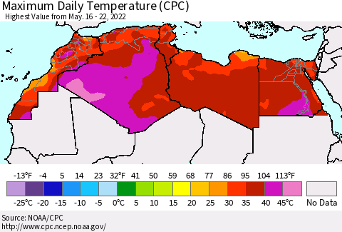 North Africa Maximum Daily Temperature (CPC) Thematic Map For 5/16/2022 - 5/22/2022