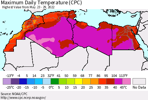North Africa Maximum Daily Temperature (CPC) Thematic Map For 5/23/2022 - 5/29/2022