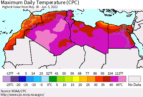 North Africa Maximum Daily Temperature (CPC) Thematic Map For 5/30/2022 - 6/5/2022