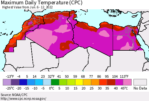 North Africa Maximum Daily Temperature (CPC) Thematic Map For 6/6/2022 - 6/12/2022