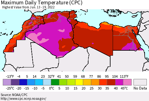North Africa Maximum Daily Temperature (CPC) Thematic Map For 6/13/2022 - 6/19/2022