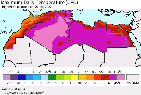 North Africa Maximum Daily Temperature (CPC) Thematic Map For 6/20/2022 - 6/26/2022