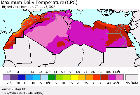 North Africa Maximum Daily Temperature (CPC) Thematic Map For 6/27/2022 - 7/3/2022