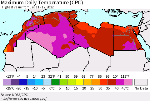 North Africa Maximum Daily Temperature (CPC) Thematic Map For 7/11/2022 - 7/17/2022
