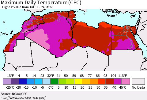 North Africa Maximum Daily Temperature (CPC) Thematic Map For 7/18/2022 - 7/24/2022