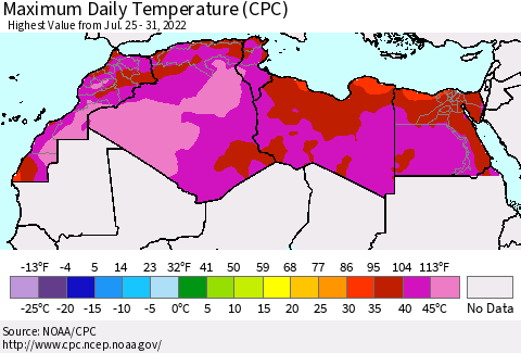 North Africa Maximum Daily Temperature (CPC) Thematic Map For 7/25/2022 - 7/31/2022