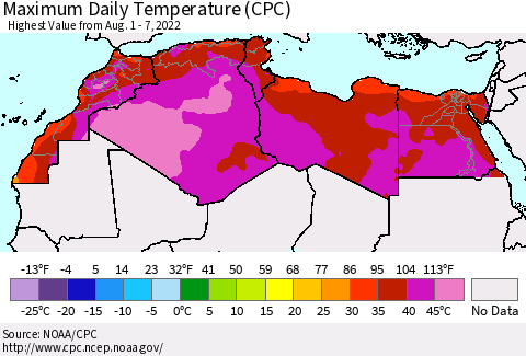 North Africa Maximum Daily Temperature (CPC) Thematic Map For 8/1/2022 - 8/7/2022
