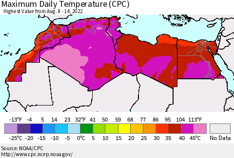 North Africa Maximum Daily Temperature (CPC) Thematic Map For 8/8/2022 - 8/14/2022