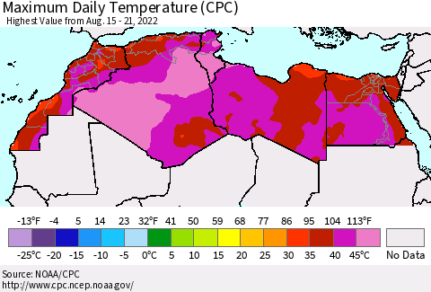 North Africa Maximum Daily Temperature (CPC) Thematic Map For 8/15/2022 - 8/21/2022