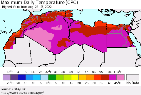 North Africa Maximum Daily Temperature (CPC) Thematic Map For 8/22/2022 - 8/28/2022