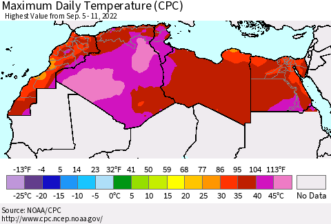 North Africa Maximum Daily Temperature (CPC) Thematic Map For 9/5/2022 - 9/11/2022