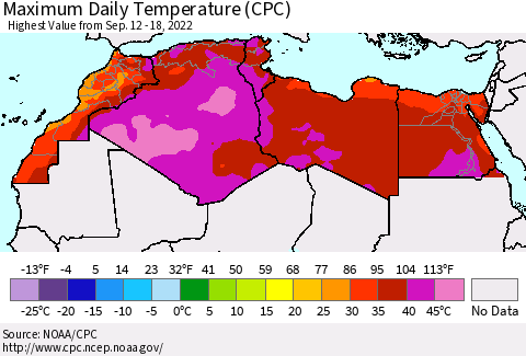North Africa Maximum Daily Temperature (CPC) Thematic Map For 9/12/2022 - 9/18/2022