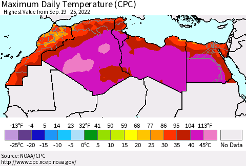 North Africa Maximum Daily Temperature (CPC) Thematic Map For 9/19/2022 - 9/25/2022
