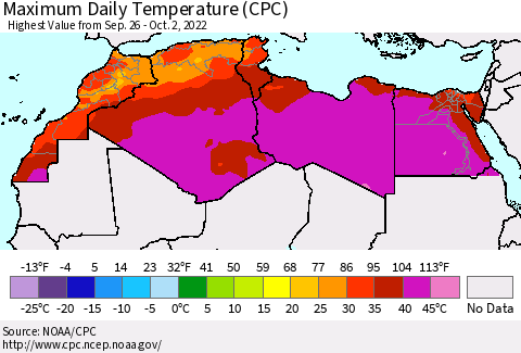 North Africa Maximum Daily Temperature (CPC) Thematic Map For 9/26/2022 - 10/2/2022
