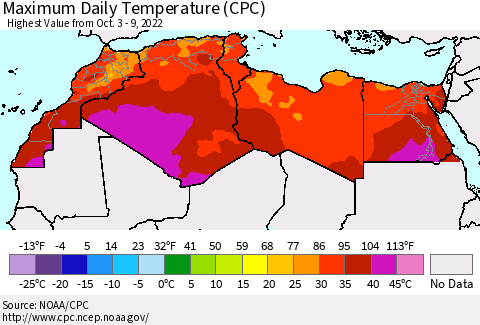 North Africa Maximum Daily Temperature (CPC) Thematic Map For 10/3/2022 - 10/9/2022