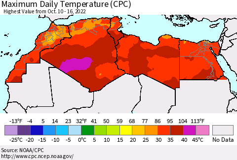 North Africa Maximum Daily Temperature (CPC) Thematic Map For 10/10/2022 - 10/16/2022