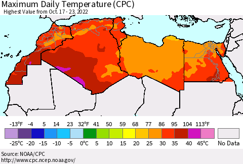 North Africa Maximum Daily Temperature (CPC) Thematic Map For 10/17/2022 - 10/23/2022