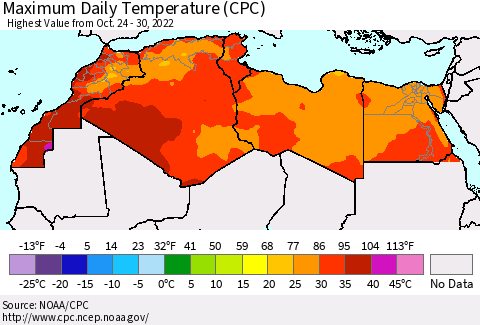 North Africa Maximum Daily Temperature (CPC) Thematic Map For 10/24/2022 - 10/30/2022