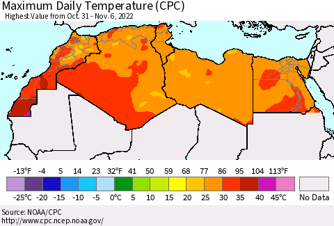 North Africa Maximum Daily Temperature (CPC) Thematic Map For 10/31/2022 - 11/6/2022