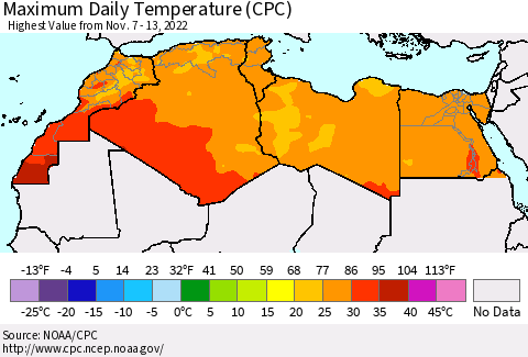 North Africa Maximum Daily Temperature (CPC) Thematic Map For 11/7/2022 - 11/13/2022
