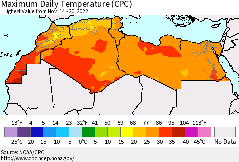 North Africa Maximum Daily Temperature (CPC) Thematic Map For 11/14/2022 - 11/20/2022