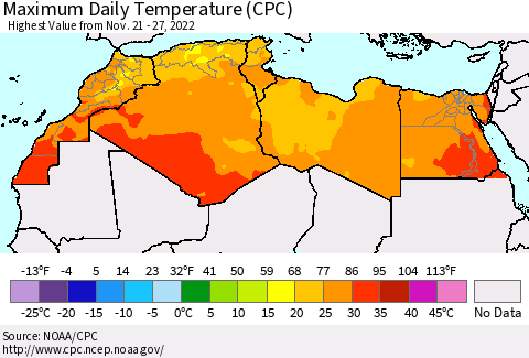 North Africa Maximum Daily Temperature (CPC) Thematic Map For 11/21/2022 - 11/27/2022