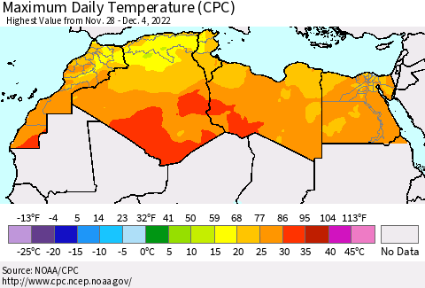 North Africa Maximum Daily Temperature (CPC) Thematic Map For 11/28/2022 - 12/4/2022