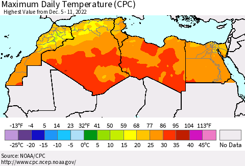 North Africa Maximum Daily Temperature (CPC) Thematic Map For 12/5/2022 - 12/11/2022