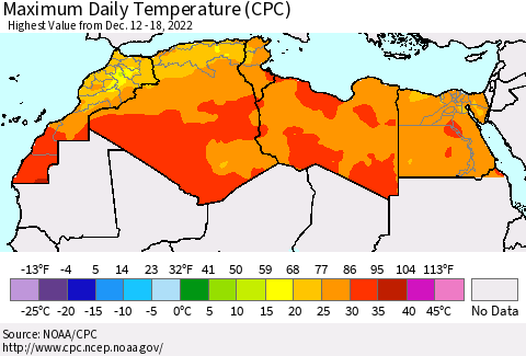 North Africa Maximum Daily Temperature (CPC) Thematic Map For 12/12/2022 - 12/18/2022