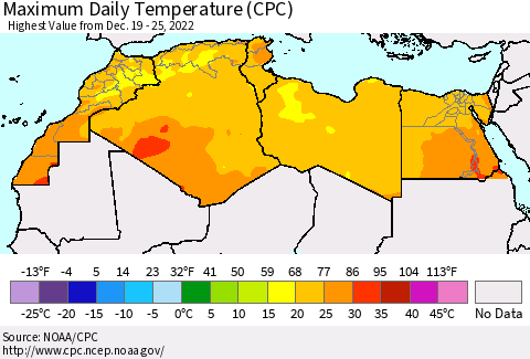 North Africa Maximum Daily Temperature (CPC) Thematic Map For 12/19/2022 - 12/25/2022